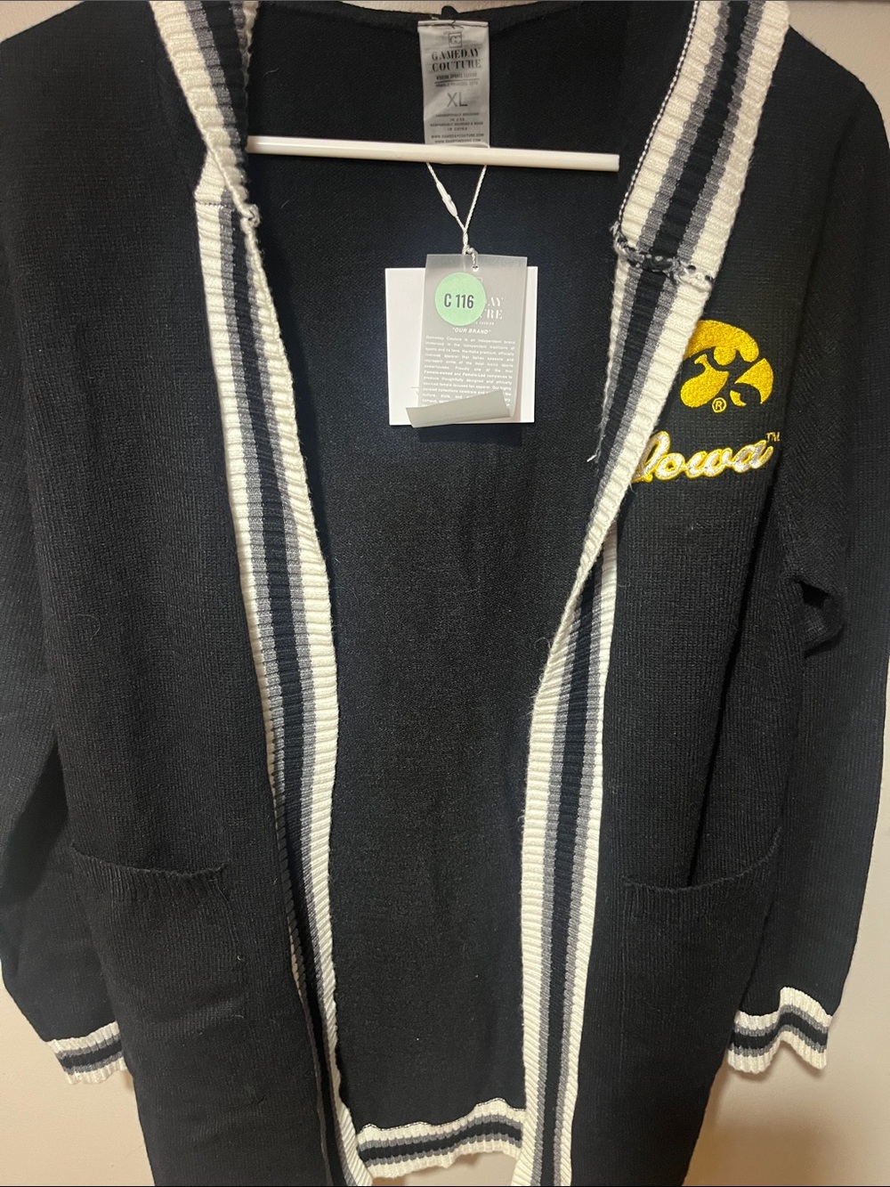 University of Iowa Black Hooded Cardigan with Stripe Trim, NWT, size XL